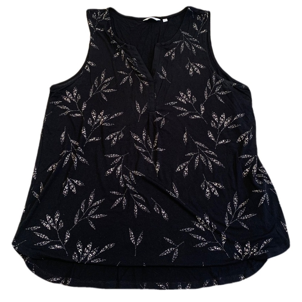 92. Reitmans XL Black & Silver/Gold Leaf Pattern Sleeveless V-Neck Blouse